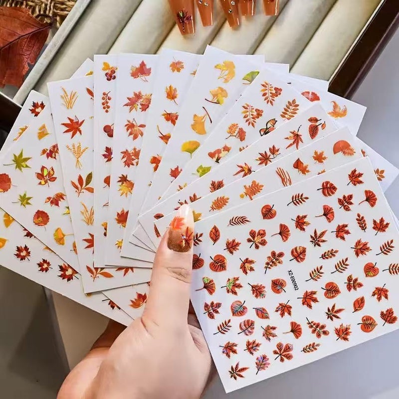 SPLOCUDU 12 Sheets Autumn Maple Leaves Nail Stickers 3D Self-Adhesive Fall Maple Leaf Nail Art Stickers Decals Self-Adhesive Thanksgiving Nail Decals Supplies Decorations for Women - Image 5